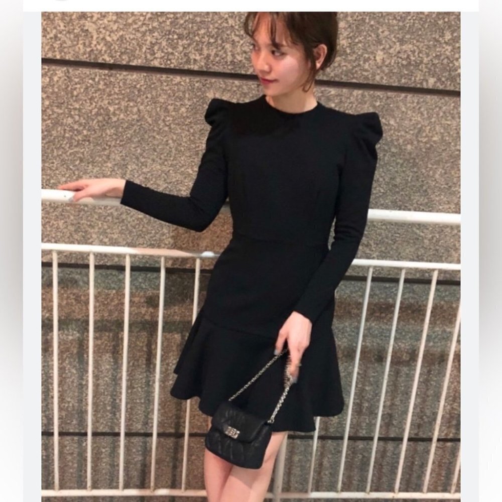 Snidel Japan Black Mesh Trim Puff Shoulder Long Sleeve Flutter Mini Dress Size 1